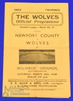 1945/46 Wolverhampton Wanderers v Newport County football league (south) match programme 16 March