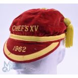 1931 and 1962 Velvet Rugby Honours Caps (2): A six-panelled black and red cap embroidered 'XV' and