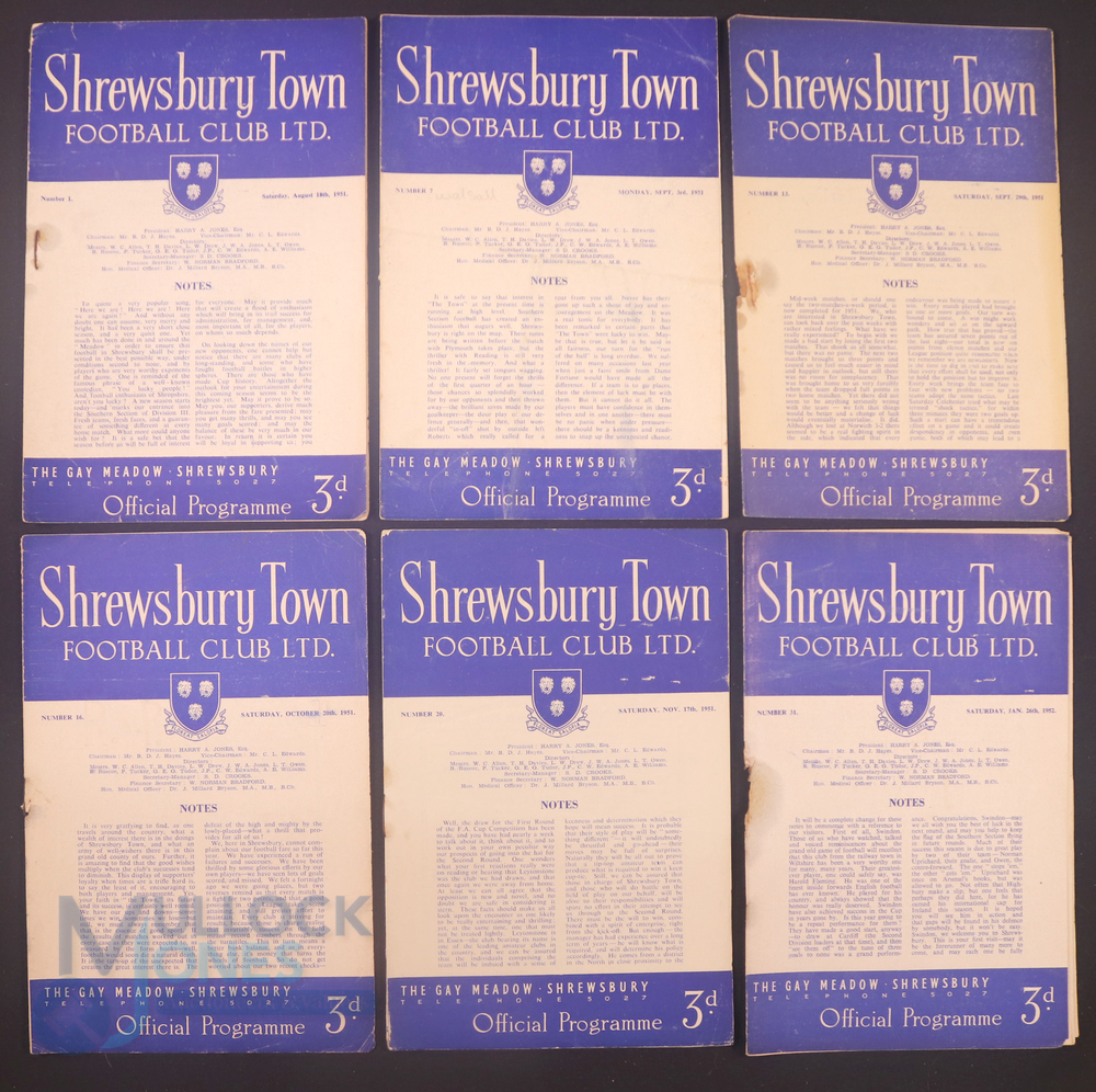 1951/52 Shrewsbury Town home match programmes to include Watford, Walsall, Crystal Palace, Millwall,