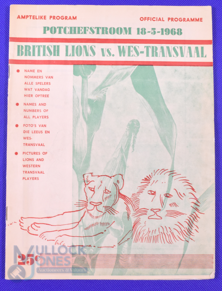 1968 British and I Lions Rugby Programme v Western Transvaal: At Potchefstroom 18/5/68 14pp,