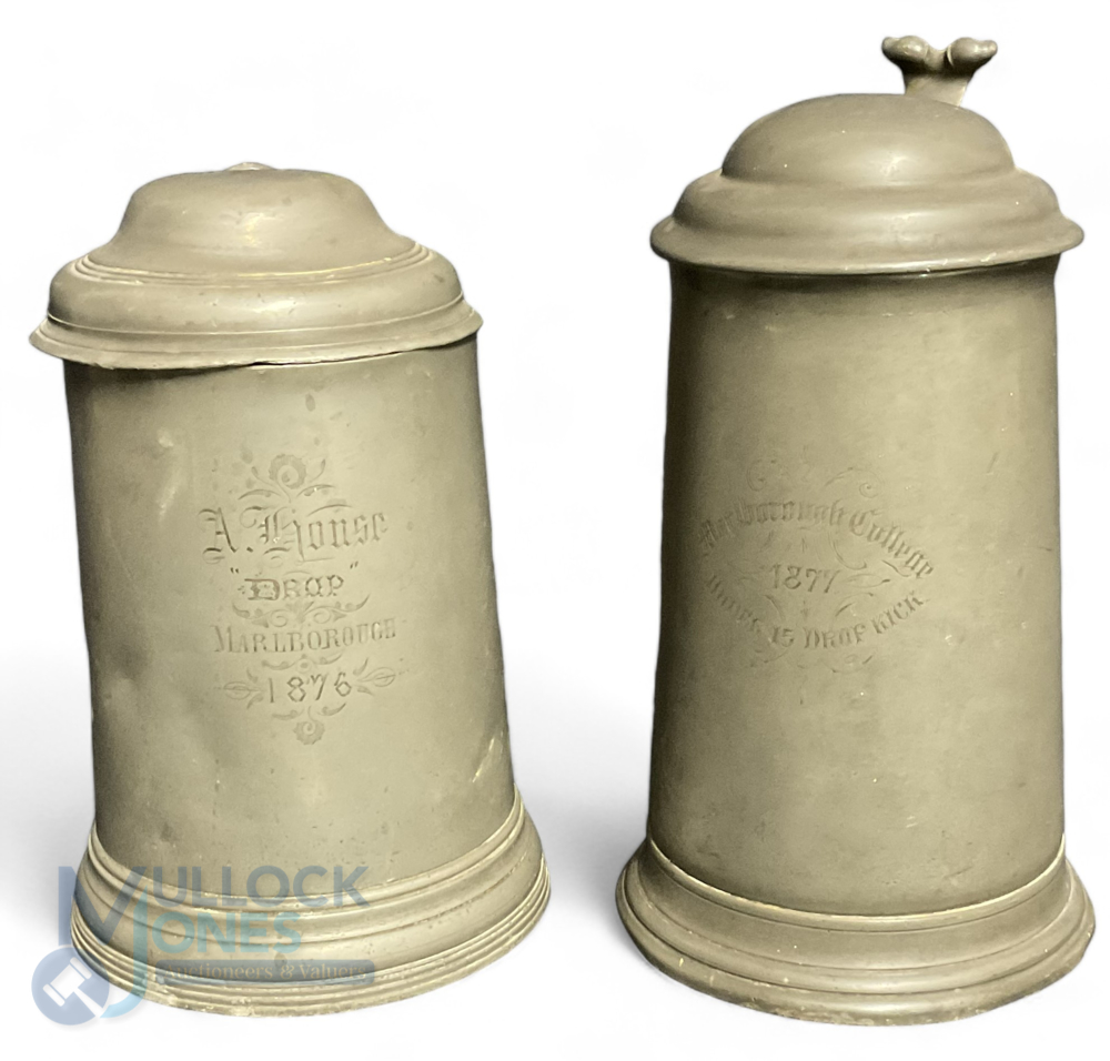 Marlborough College 19th century Pewter lidded Tankards 1876 Drop Kick named to A House and 1877