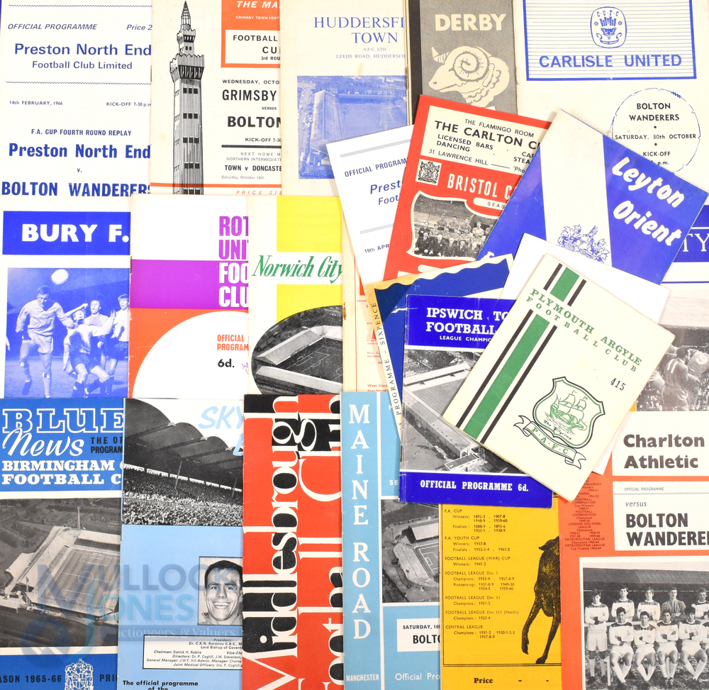 1965/66 Bolton Wanderers Div. 2 away match programmes league full season (21), plus Grimsby Town (