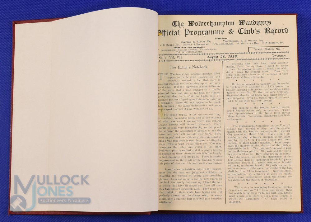 Pre-war 1926/1927 bound volume of Wolverhampton Wanderers home match programmes, contents as - Image 2 of 2