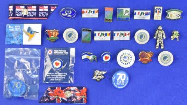 Mostly 1991 RWC Official Rugby Lapel Badges etc (27): Inc individual game flags for French venues (