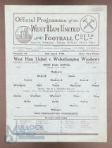 1945-46 Wet Ham United v Wolverhampton Wanderers 13th April 1946 single sheet football programme,