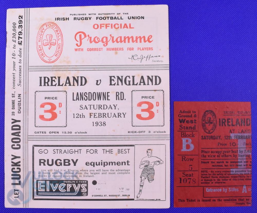 Scarce 1938 Ireland v England Rugby Programme and Ticket (2): Attractive packed 20pp Dublin issue,