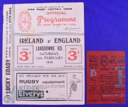 Scarce 1938 Ireland v England Rugby Programme and Ticket (2): Attractive packed 20pp Dublin issue,