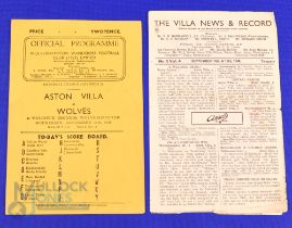 1946/47 Wolverhampton Wanderers v Aston Villa programme 11 September 1946 (team changes o/wise