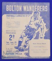 1948/49 Bolton Wanderers v Aston Villa FAC 3rd round replay match programme 15 January 1949; fair/
