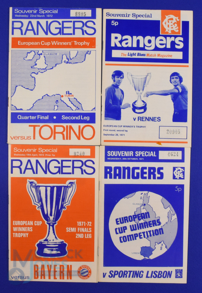 1971/72 European Cup Winners Cup match programmes Rangers v Rennes, v Sporting Lisbon, v Torino, v