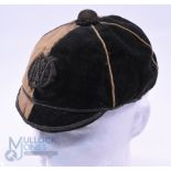 c1890s O.N. (or N.O.?) RFC Velvet Rugby Honours Cap: Some spotting to the dark-cream half of this