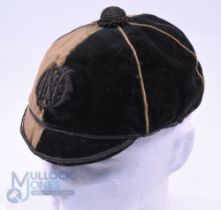 c1890s O.N. (or N.O.?) RFC Velvet Rugby Honours Cap: Some spotting to the dark-cream half of this
