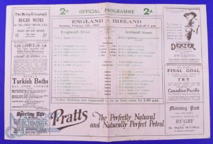 Scarce 1927 England v Ireland Rugby Programme: The early Twickenham newspaper style issue with teams