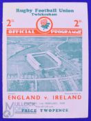 Scarce 1939 England v Ireland Rugby Programme: Standard Twickers 4pp card example from this match,