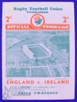 Scarce 1939 England v Ireland Rugby Programme: Standard Twickers 4pp card example from this match,
