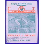 Scarce 1939 England v Ireland Rugby Programme: Standard Twickers 4pp card example from this match,