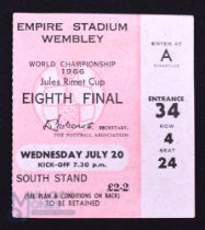 1966 World Cup 1/8 final Match Ticket England v France at Wembley 20 July 1966; fair/good. (1)