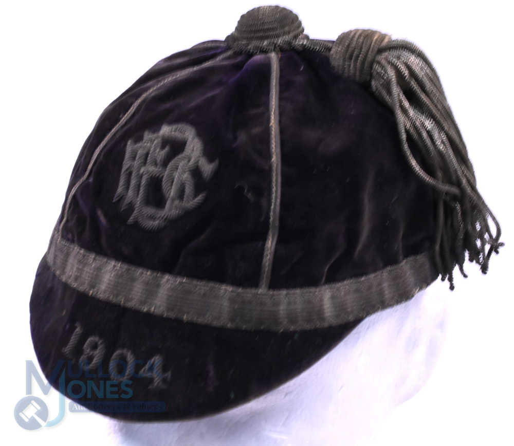 1904 DB (or BD?) FC Velvet Rugby Honours Cap: Dark purple cap, 6-panelled with gold braid, tassel