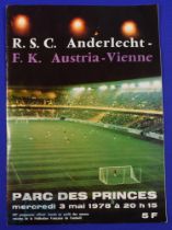 1978 European Cup Winners Cup final Anderlecht v Austria Vienna match programme in Paris 3 May 1978;