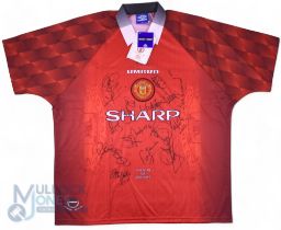 1997/98 Manchester United Multi-Signed home football shirt in red Umbro/Sharp, XXL, short sleeve,