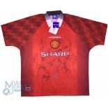 1997/98 Manchester United Multi-Signed home football shirt in red Umbro/Sharp, XXL, short sleeve,