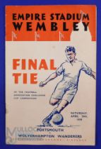 1939 FA Cup Final Portsmouth v Wolverhampton Wanderers match programme 29 April 1939 at Wembley;