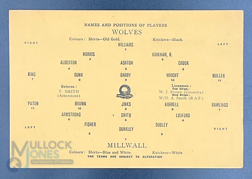 1945-46 Wolves v Millwall 6th October 1945 football programme - light pocket folds - Image 2 of 2