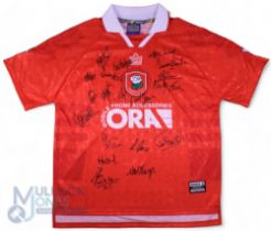1997/98 Barnsley Multi-Signed home football shirt in red, Admiral/ORA, short sleeve, with Premier