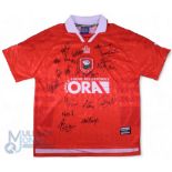 1997/98 Barnsley Multi-Signed home football shirt in red, Admiral/ORA, short sleeve, with Premier