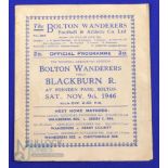 1946/47 Bolton Wanderers v Blackburn Rovers Div. 1 match programme 9 November 1946; fair. (1)