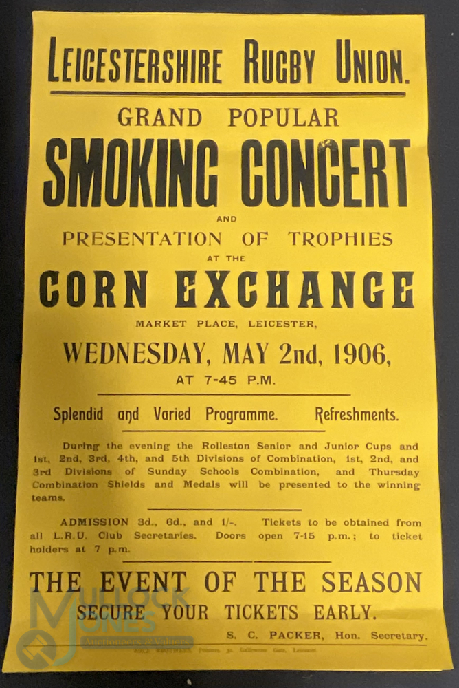 Original Posters Leicestershire Rugby Union Grand Popular Smoking Concert and Presentation of - Image 3 of 4