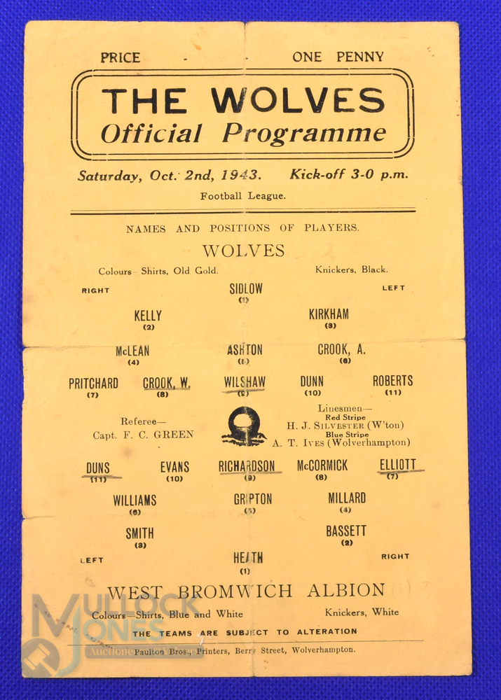 1943/44 Wolverhampton Wanderers v West Bromwich Albion War league match programme 2 October 1943;