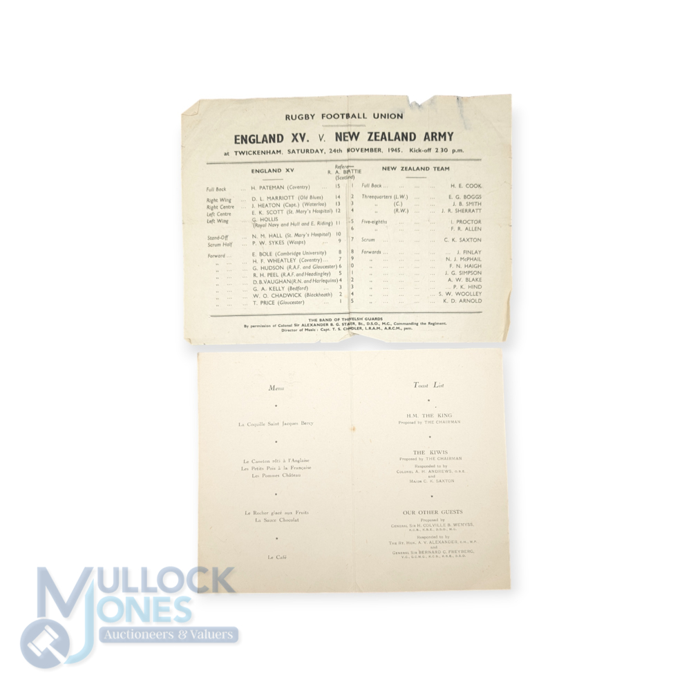 1945-46 NZ 'Kiwis' Rugby Programmes and Menu (2): The single sheet (some edge tears/folds) issue - Image 2 of 2