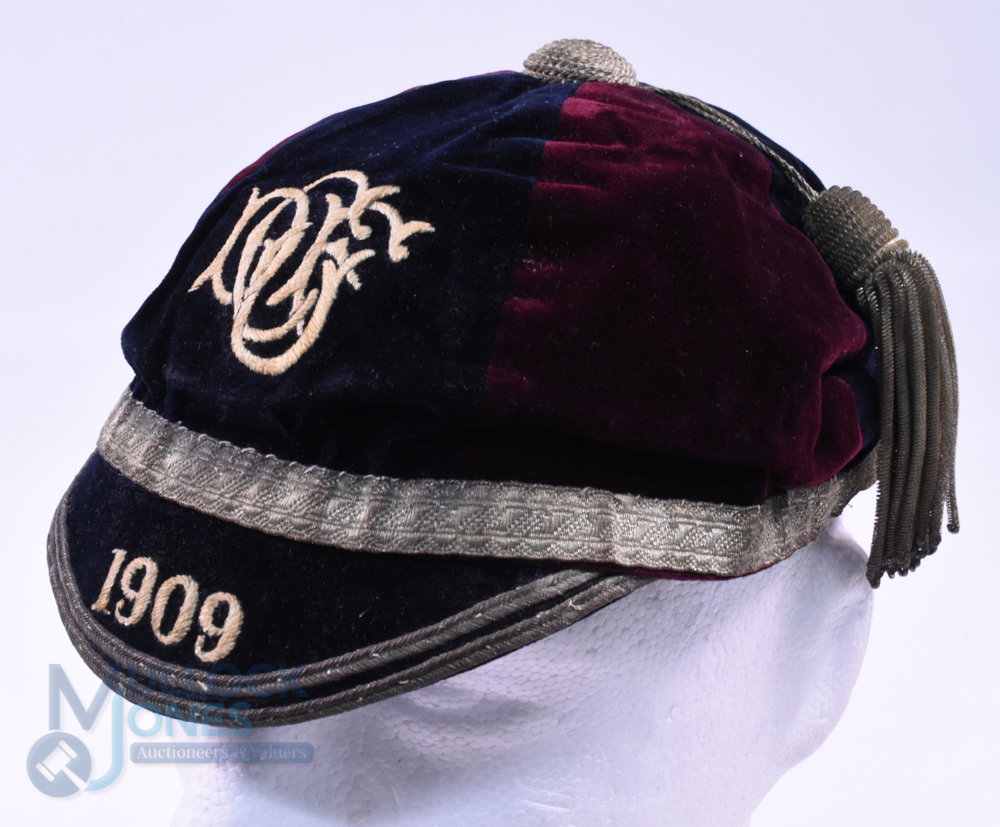 1909 Durham University (?) Velvet Rugby Honours Cap: Black and maroon 6-panel cap with DUFC monogram