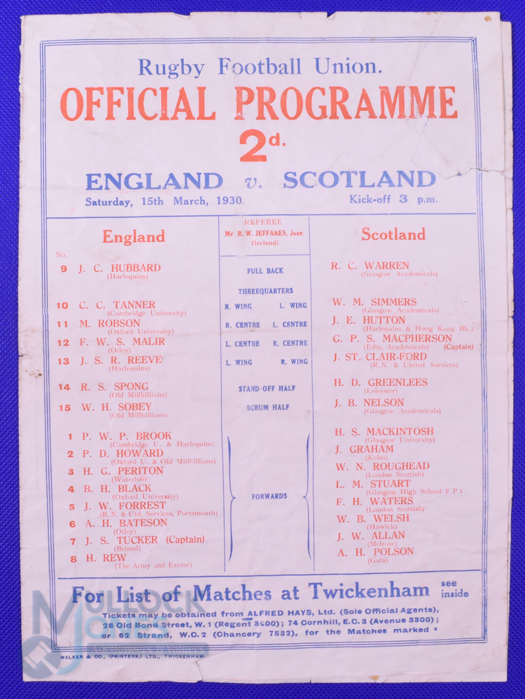 Scarce 1930 England v Scotland Rugby Programme: Larger format Twickenham issue with teams to