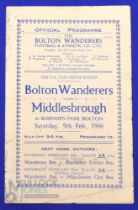 1945/46 FAC 5th round Bolton Wanderers v Middlesbrough 4 page match programme, 9 February 1946; fair