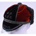 1922-3 Old Paulines Velvet Rugby Honours Cap: The London club's lovely 6-panelled black and red