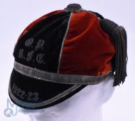 1922-3 Old Paulines Velvet Rugby Honours Cap: The London club's lovely 6-panelled black and red