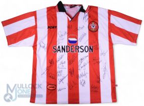 1997/98 Southampton FC Multi-Signed home football shirt in red and white, Pony/Sanderson, size