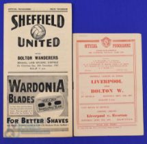 1947/48 Bolton Wanderers away match programmes v Liverpool (20 September), v Sheffield Utd (Xmas day