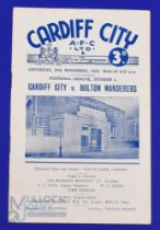 1952/53 Postponed: Cardiff City v Bolton Wanderers Div. 1 match programme 29 November 1952; good. (