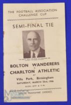 1945/46 FAC semi/final Bolton Wanderers v Charlton Athletic match programme 23 March 1946 at Villa