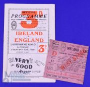 1949 Ireland v England Rugby Programme and Ticket (2): Good clean Dublin issue and ticket in an