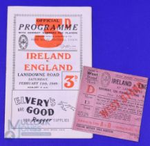 1949 Ireland v England Rugby Programme and Ticket (2): Good clean Dublin issue and ticket in an