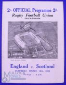 Scarce 1932 England v Scotland Rugby Programme: With the change to a 4pp card with aerial pic of