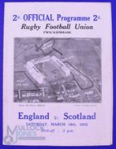 Scarce 1932 England v Scotland Rugby Programme: With the change to a 4pp card with aerial pic of