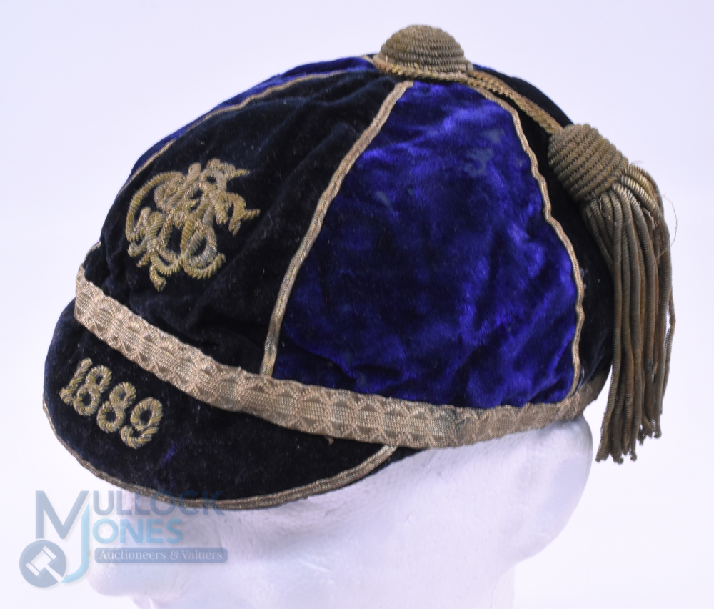 1889 DS (Devonport S?) FCC Velvet Rugby Honours Cap: Marvellous outer, frayed silk inner to this