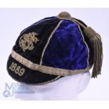 1889 DS (Devonport S?) FCC Velvet Rugby Honours Cap: Marvellous outer, frayed silk inner to this