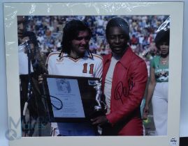 Pele Autographed Colour Print depicted with George Best receiving Best Soccer Player in the world