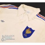 1989 France Jean Condom White Rugby Jersey: Stunning Adidas white jersey with red/blue stripes to